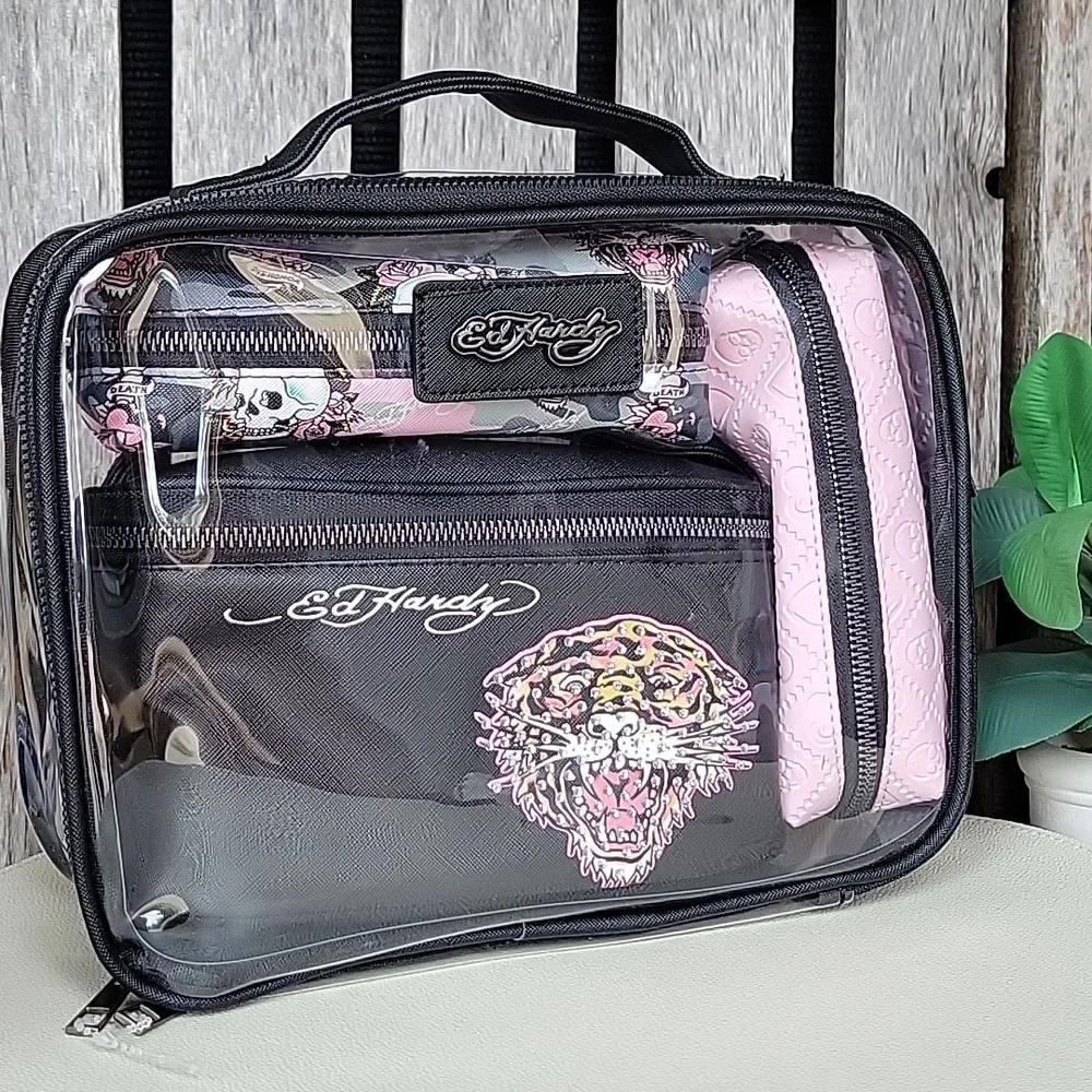 Ed Hardy Tiger Clear Cosmetic Bag Set in Black and Pink Set Of 4 - Picture 6 of 6